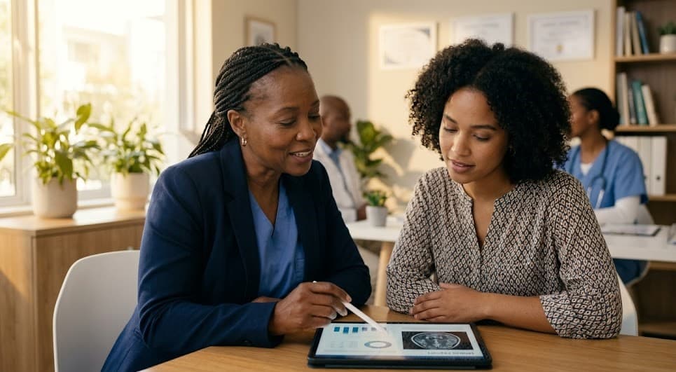 A patient with sickle cell disease in consultation with a cardiologist reviewing heart scan results Placement: Within 'Management' section