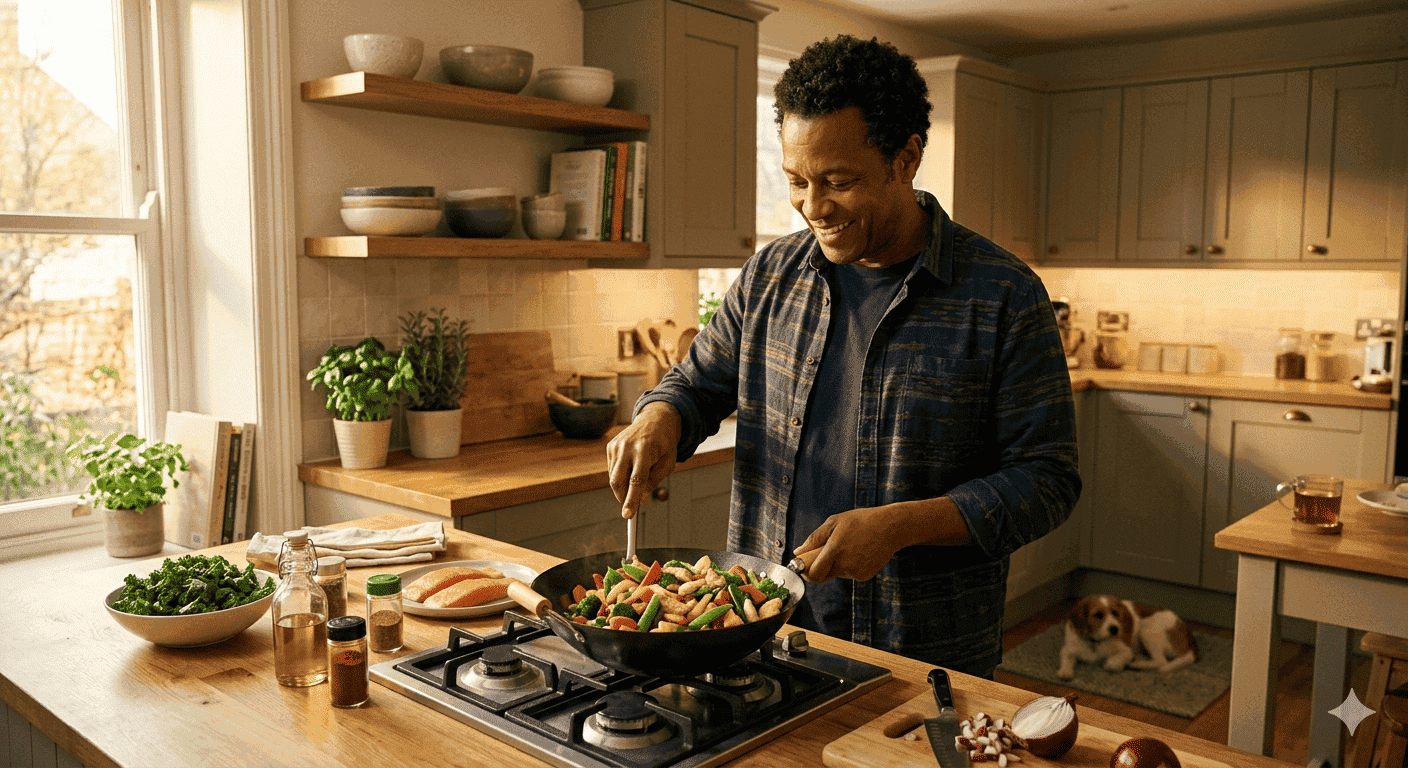 A person preparing a nutrient-dense meal at home to support the higher caloric needs associated with sickle cell disease.