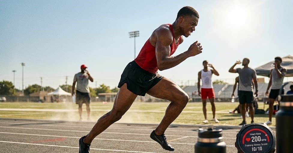 Athlete training in heat, illustrating the physical conditions linked to exertional rhabdomyolysis risk in sickle cell trait carriers