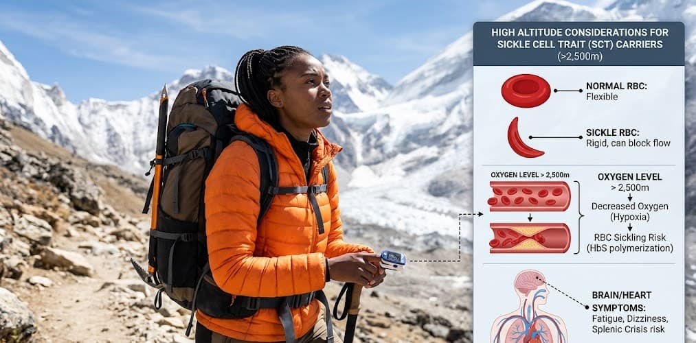 Hiker at high altitude, illustrating oxygen-related risk considerations for sickle cell trait carriers at elevations above 2,500 metres