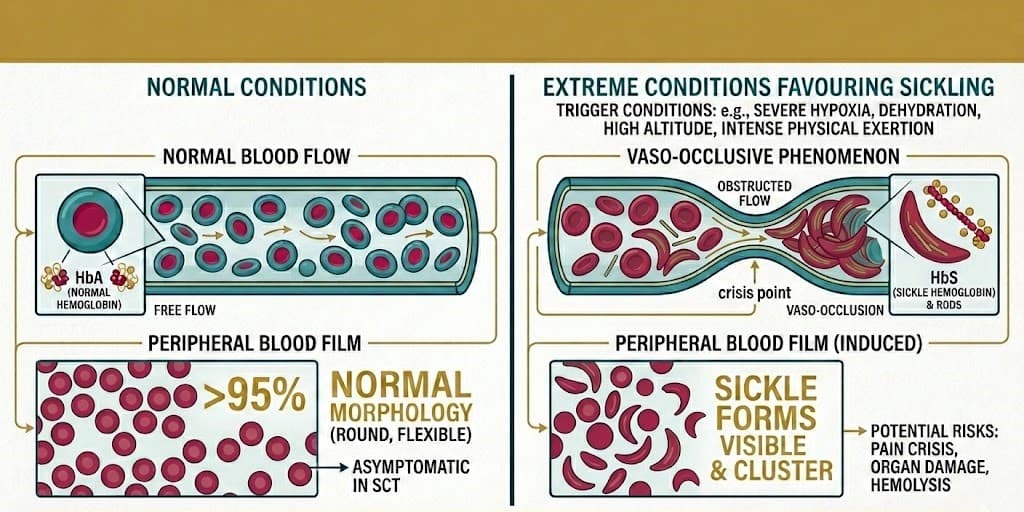 Diagram comparing normal round red blood cells and sickle-shaped red blood cells in a person with sickle cell trait
