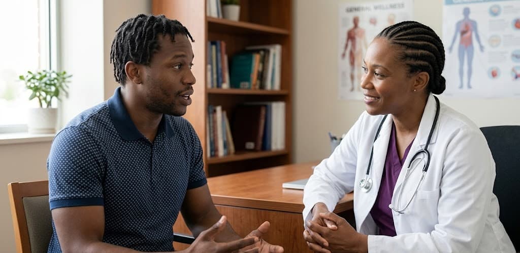 Person with sickle cell disease having a supportive conversation about mental health with a doctor or caregiver