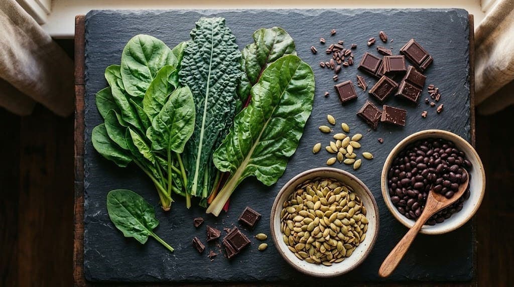 Magnesium-rich foods including dark leafy greens, pumpkin seeds, and black beans relevant for sickle cell disease management