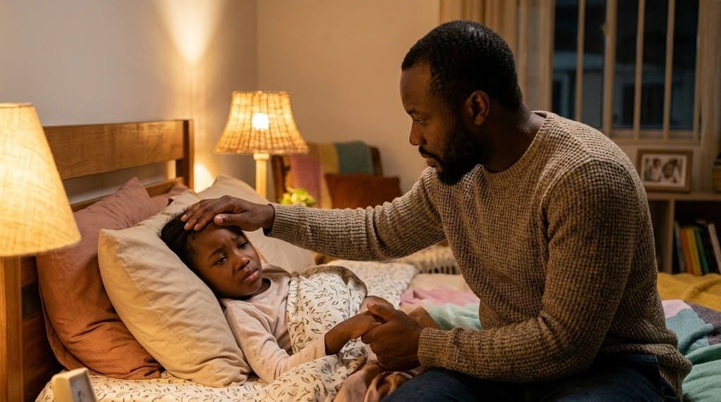 Parent recognising early sickle cell crisis warning signs in a child at home