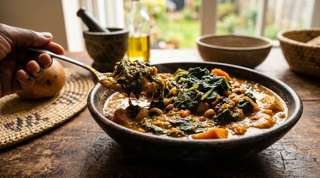 Bowl of soup with dark leafy greens representing everyday cooking methods that support sickle cell vascular health