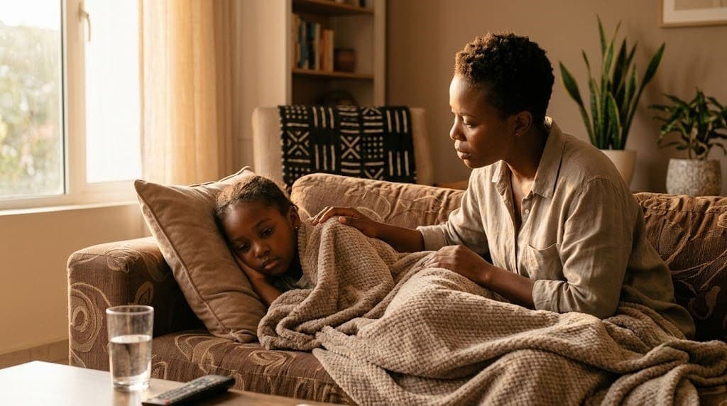 Child showing behavioural early warning signs of sickle cell crisis with attentive parent nearby