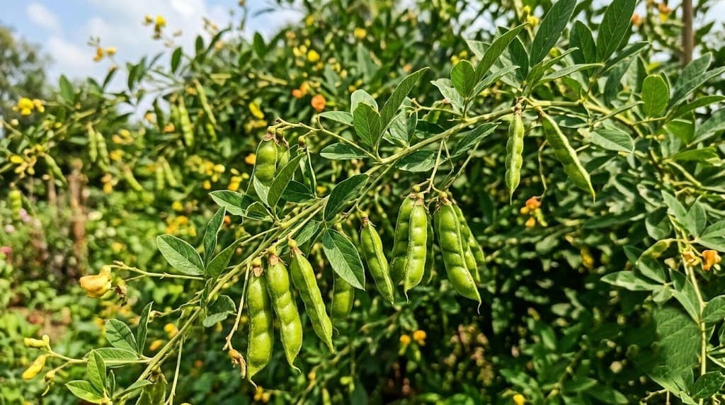 Fresh Cajanus cajan pigeon pea pods growing on the plant in natural outdoor light