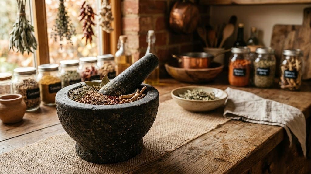Traditional preparation of pigeon pea plant material in a mortar and pestle for natural sickle cell management