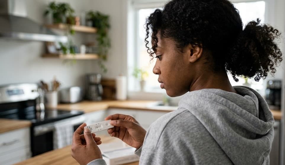 an image of a young black lady holding a test kit with clear, readable results