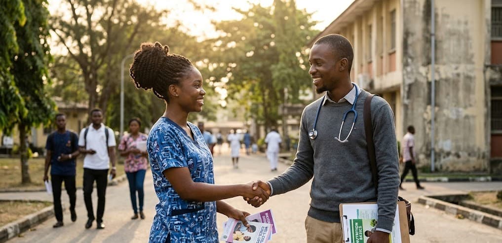 an image of two young black people shaking hands or in a warm, open conversation about health