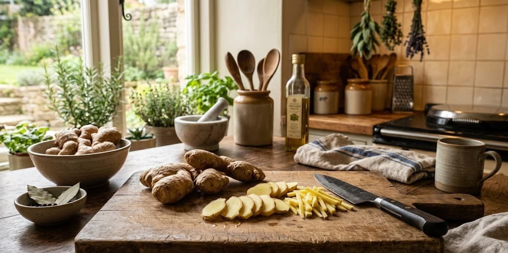 Fresh ginger root sliced and whole, commonly used in natural sickle cell disease management